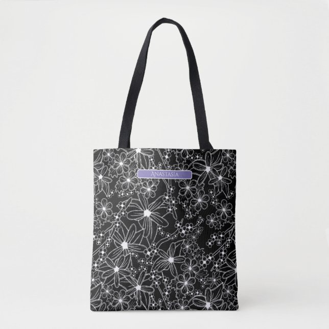 Dark Floral Black White Pattern Purple Name  Tote Bag (Front)