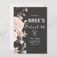 Dark Floral Blush Pink Charcoal Grey Sweet 16
