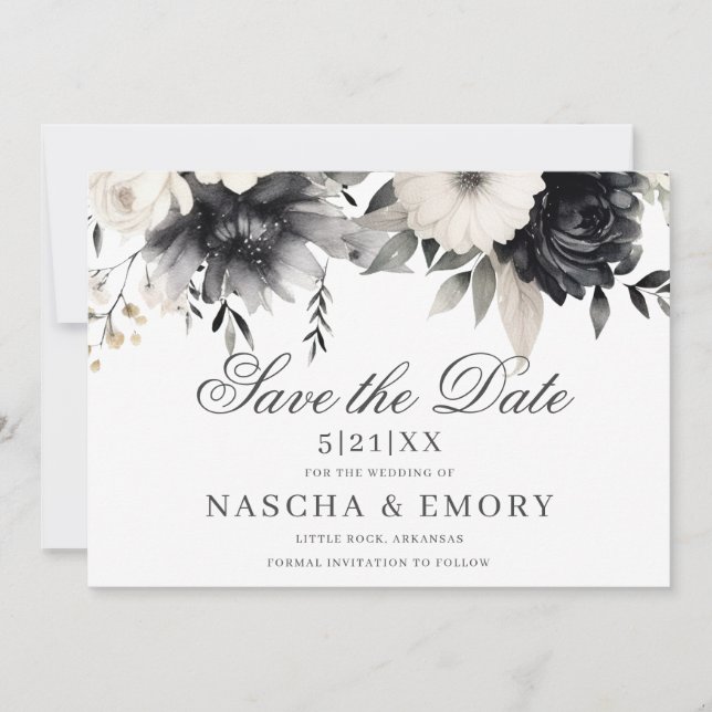 Dark Floral Boho Black Cream Wedding Save The Date (Front)