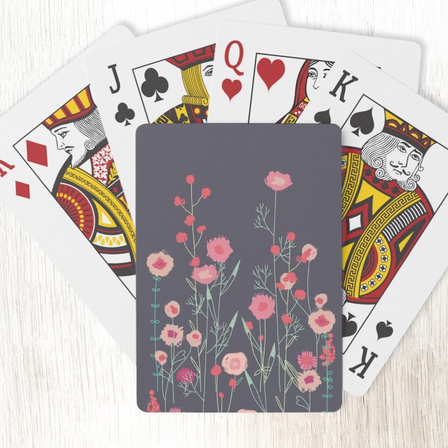 Dark Floral Boho Playing Cards (Boho floral pink and charcoal gray playing cards)