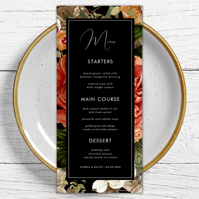 Dark Floral Botanical Elegant Romantic Wedding Menu (Creator Uploaded)