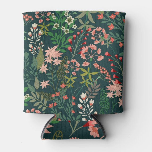 Dark Floral Botanical Seamless Pattern Can Cooler (Front)