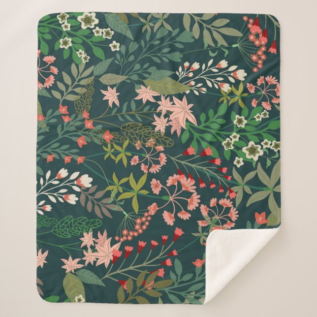 Dark Floral Botanical Seamless Pattern Sherpa Blanket (Front)