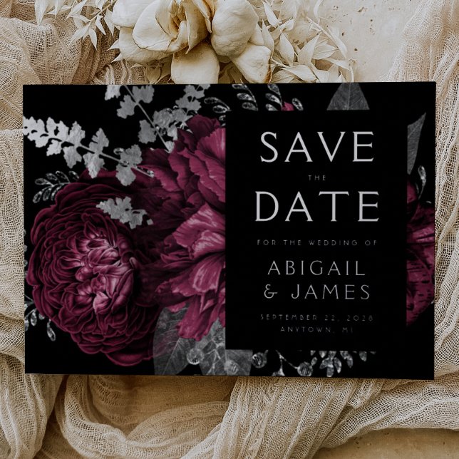 Dark Floral Burgundy Silver Wedding Save the Date (Creator Uploaded)