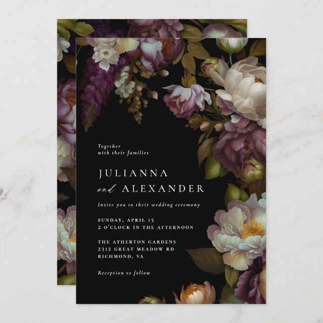 Dark Floral | Elegant Moody Modern Black Wedding Invitation (Front/Back)