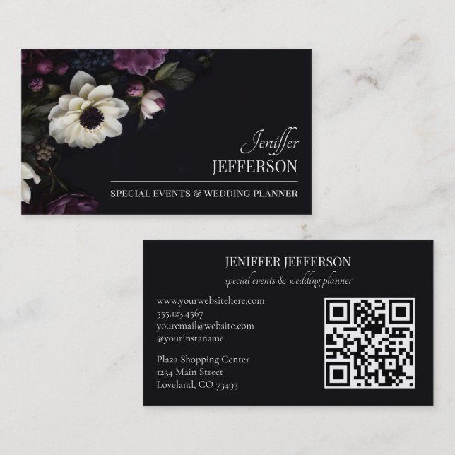 Dark Floral event wedding planner Business Card (Front/Back)