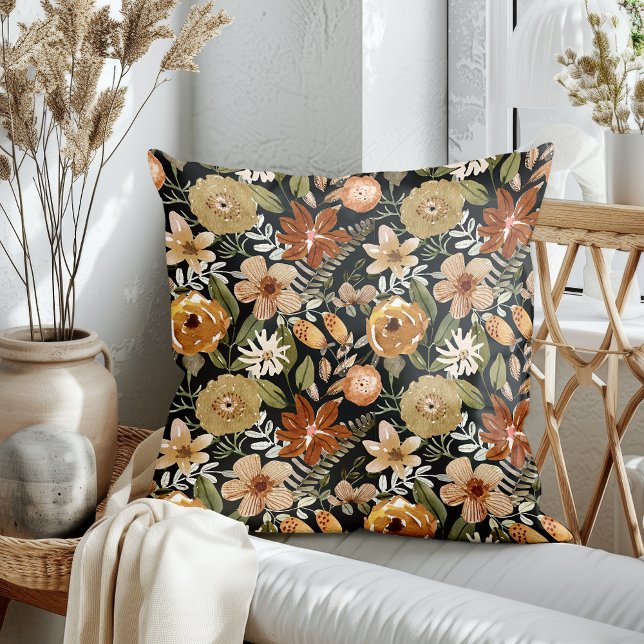 Dark Floral Fall Blooms Throw Pillow (Creator Uploaded)