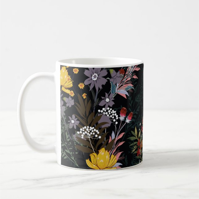 Dark Floral Garden: Blooming Night Pattern Coffee Mug (Left)