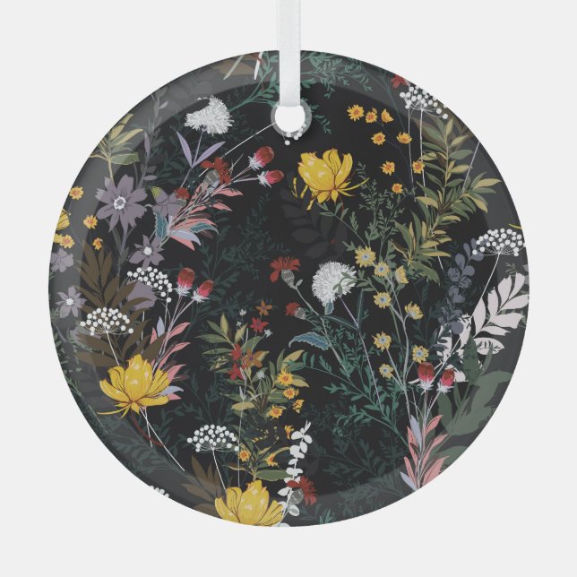Dark Floral Garden: Blooming Night Pattern Glass Tree Decoration (Front)