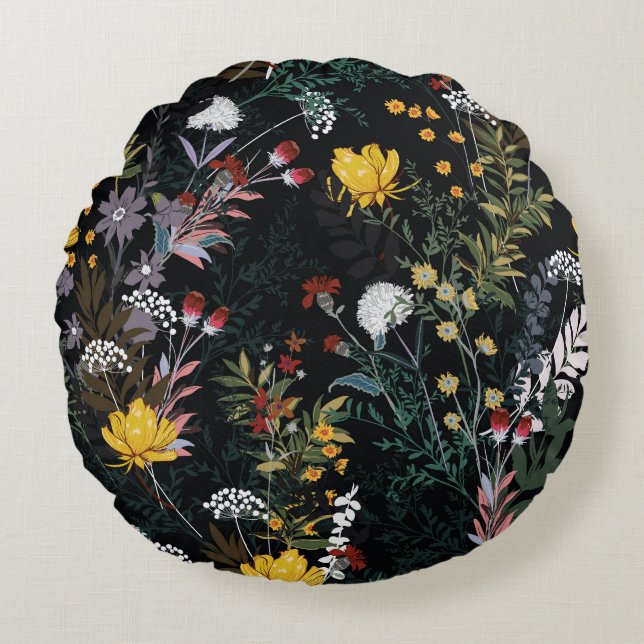 Dark Floral Garden: Blooming Night Pattern Round Cushion (Front)