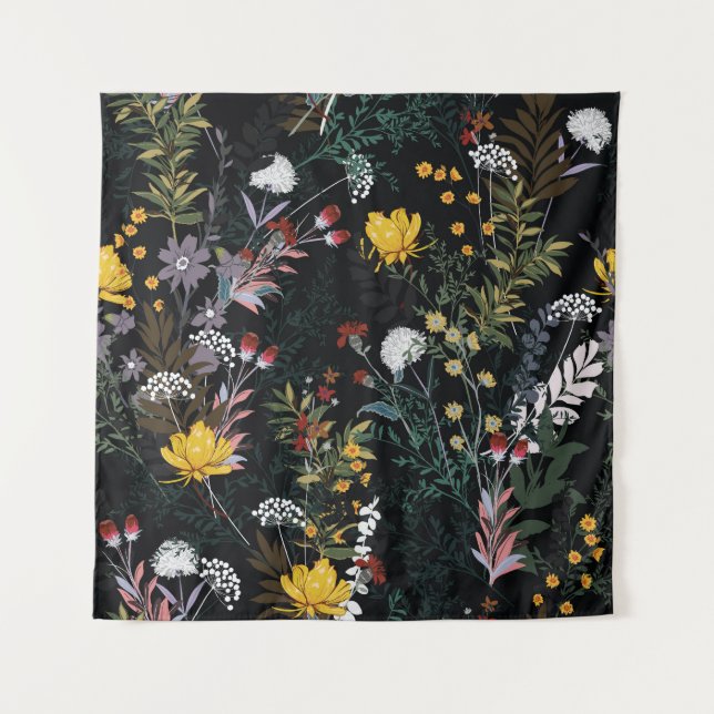 Dark Floral Garden: Blooming Night Pattern Tapestry (Front)