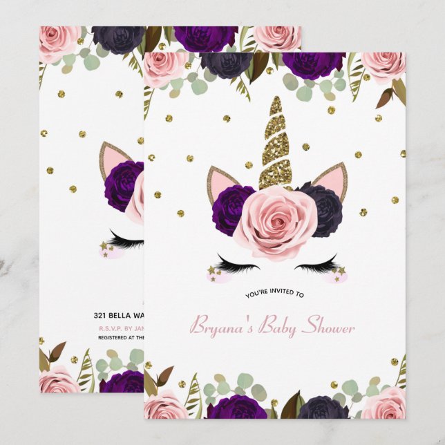 Dark Floral Glam Gold Glitter Unicorn Baby Shower Invitation (Front/Back)