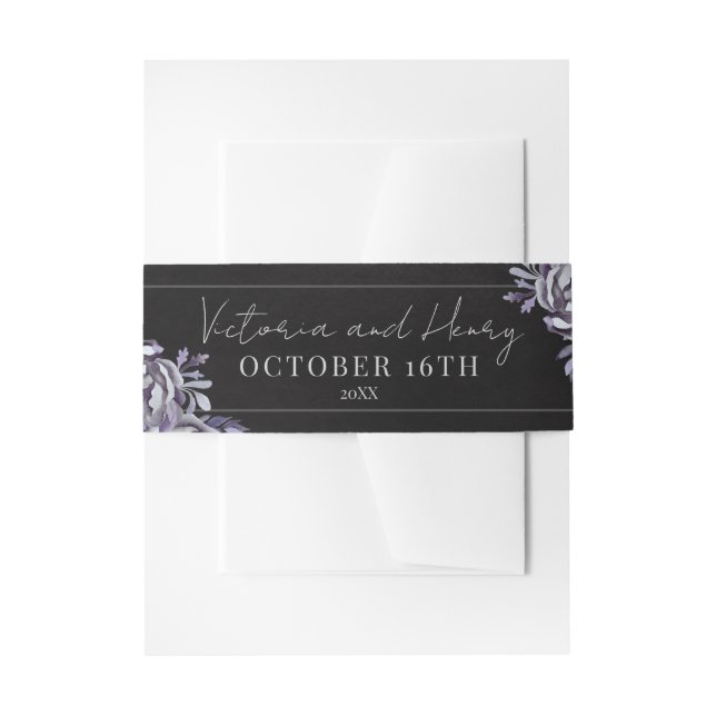 Dark Floral Gothic Black Purple Halloween Wedding Invitation Belly Band (Front Example)