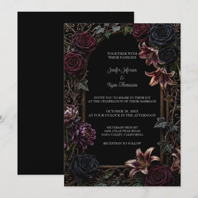 Dark Floral Gothic Halloween Wedding Invitation (Front/Back)