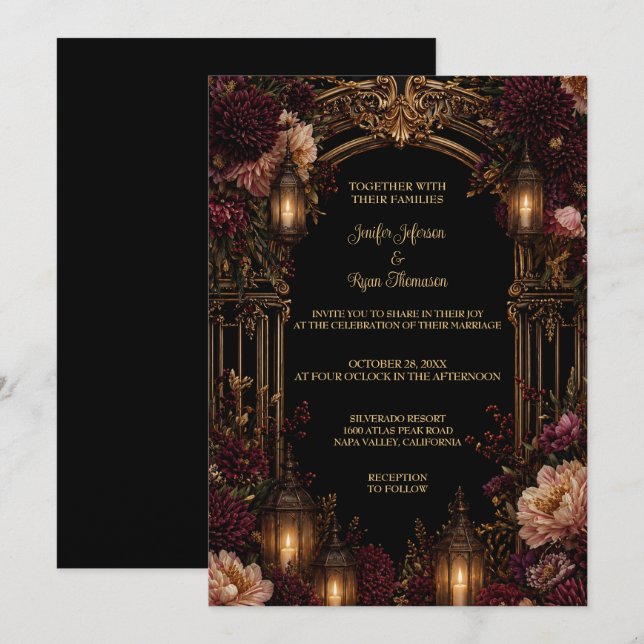 Dark Floral Gothic Halloween Wedding Invitation (Front/Back)