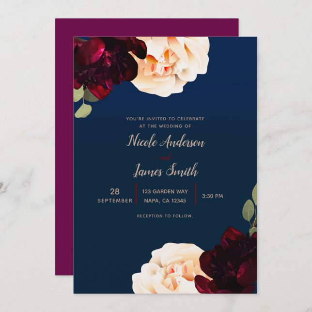 Dark Floral Marsala Cream & Navy Blue Wedding Invitation (Front/Back)