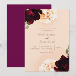 Dark Floral Marsala Peach Elegant Chic Wedding Invitation