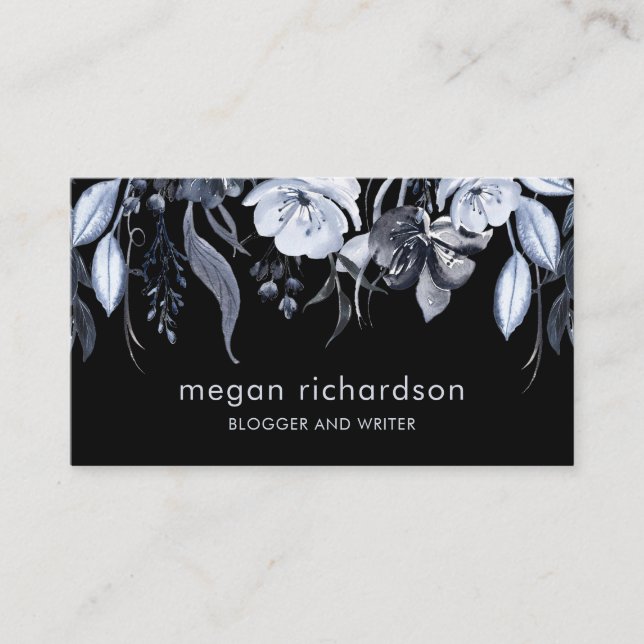 Dark Floral | Modern Watercolor on Black Business Card (Front)