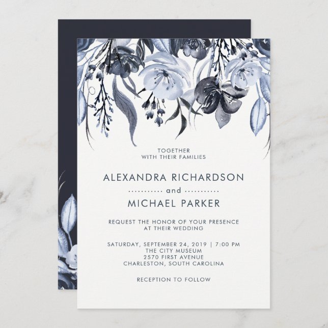 Dark Floral | Modern Watercolor Wedding Invitation (Front/Back)