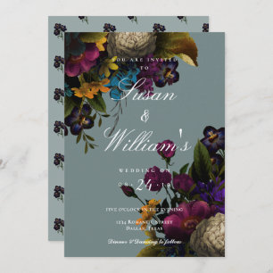 Dark Floral Moody Blue Teal Wedding Invitation