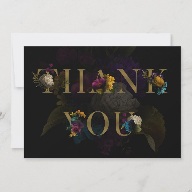Dark Floral Moody Monogram Wedding Thank You Card (Front)