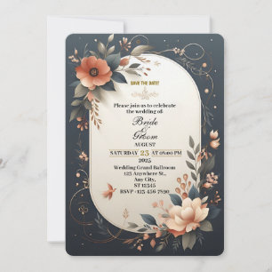 Dark Floral Navy and Peach Wedding Invitation