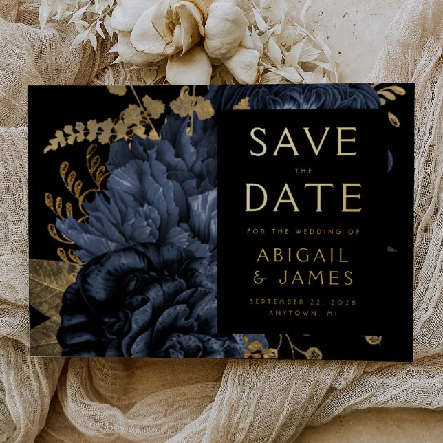 Dark Floral Navy Blue Gold Wedding Save the Date (Creator Uploaded)