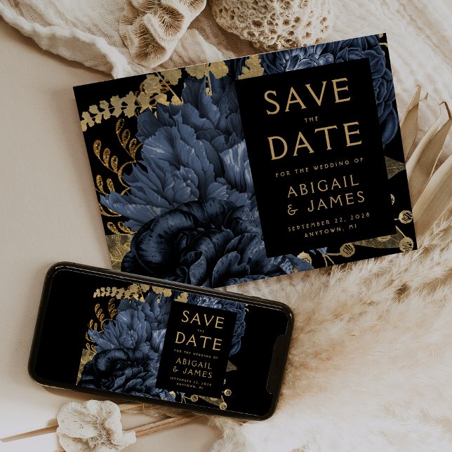 Dark Floral Navy Blue Gold Wedding Save the Date Invitation (Creator Uploaded)