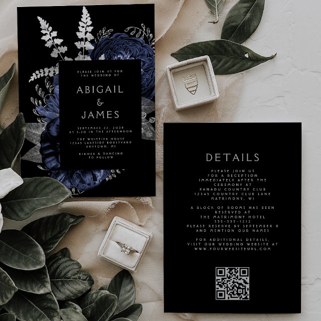 Dark Floral Navy Blue Silver QR Code Wedding Invitation (Creator Uploaded)