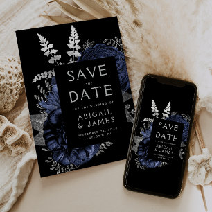 Dark Floral Navy Blue Silver Wedding Save the Date Invitation