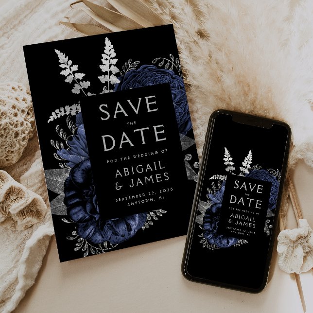 Dark Floral Navy Blue Silver Wedding Save the Date Invitation (Creator Uploaded)