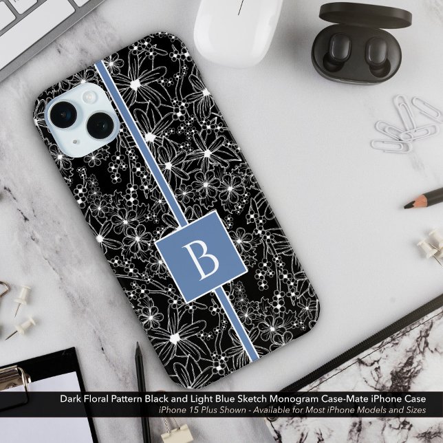 Dark Floral Pattern Black Blue Sketch Monogram Case-Mate iPhone Case (Dark Floral Sketch Look Pattern. Black Flowers with Light Blue Monogram Case-Mate iPhone Case)