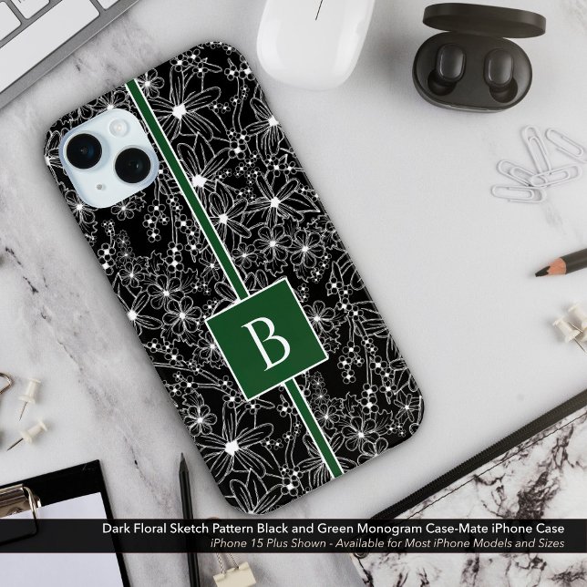 Dark Floral Pattern Black Green Sketch Monogram Case-Mate iPhone Case (Dark Floral Sketch Look Pattern. Black Flowers with Green Monogram Case-Mate iPhone Case)