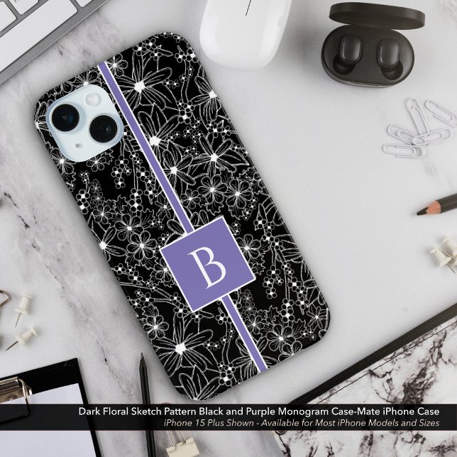 Dark Floral Pattern Black Purple Sketch Monogram Case-Mate iPhone Case (Dark Floral Sketch Look Pattern. Black Flowers with Purple Monogram Case-Mate iPhone Case)