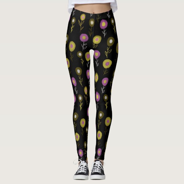 Dark Floral Pattern - Yellow Pink Round Flowers Leggings (Front)