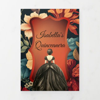 Dark Floral Photo Quinceanera Trifold Invitation
