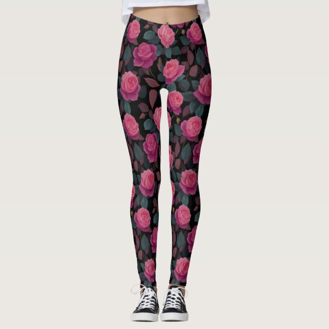 Dark Floral Pink Rose Pattern Leggings (Front)