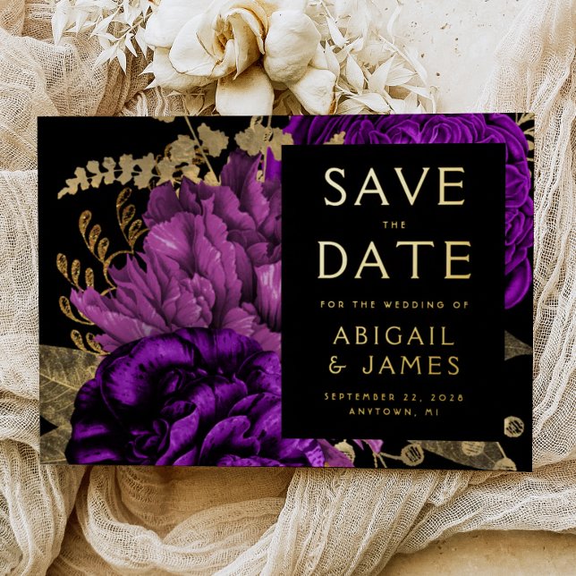 Dark Floral Purple Gold Wedding Save the Date (Creator Uploaded)
