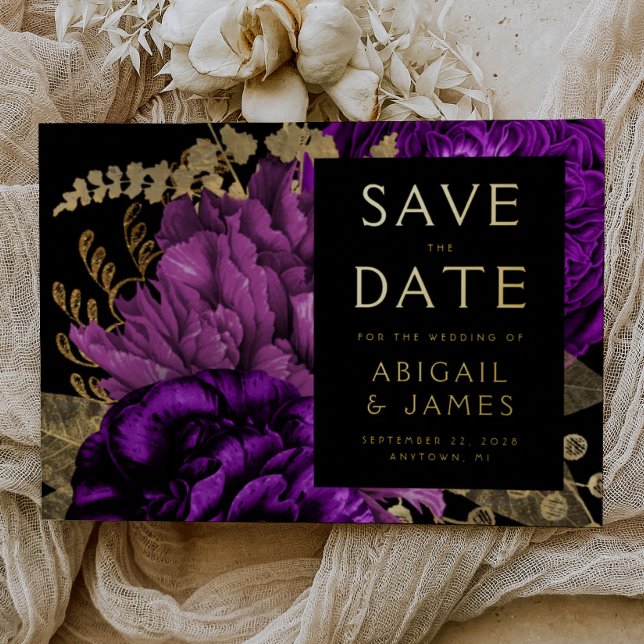 Dark Floral Purple Gold Wedding Save the Date (Creator Uploaded)