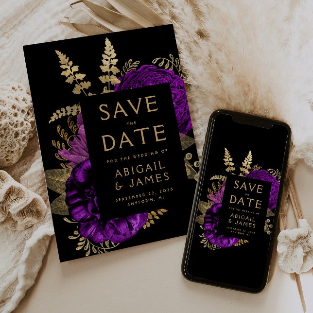 Dark Floral Purple Gold Wedding Save the Date Invitation (Creator Uploaded)