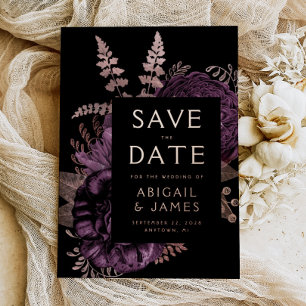 Dark Floral Purple Rose Gold Wedding Save the Date