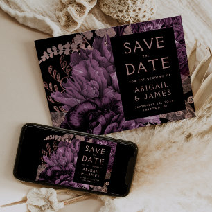 Dark Floral Purple Rose Gold Wedding Save the Date Invitation