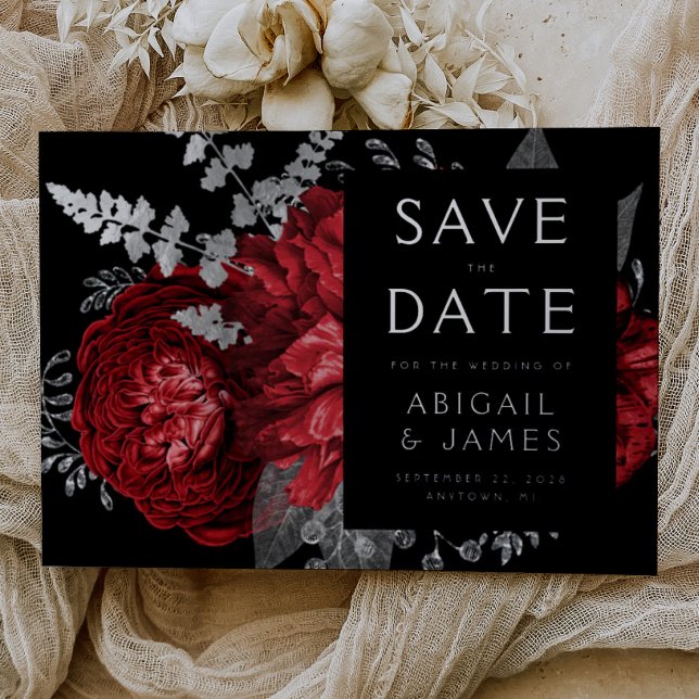 Dark Floral Red Silver Wedding Save the Date (Creator Uploaded)