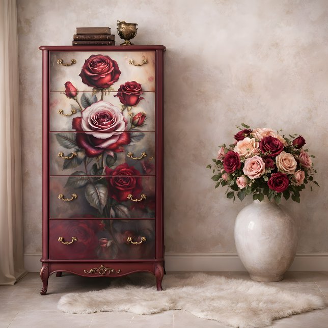 Dark Floral Romantic Roses Decoupage Tissue Paper (Dark Red Romantic Roses Decoupage Tissue Paper Mockup)