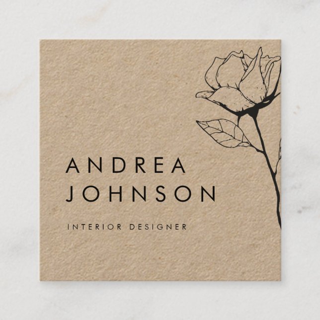 Dark Floral Rose Rustic Kraft Botanical Elegant Square Business Card (Front)