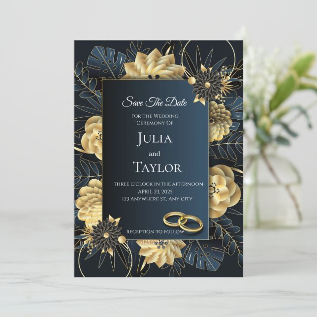  Dark Floral Save the Date Card (Standing Front)