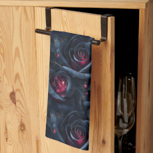 Dark Floral Seamless Pattern -Black Roses and Ruby Tea Towel