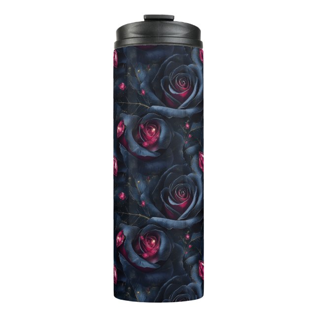Dark Floral Seamless Pattern -Black Roses and Ruby Thermal Tumbler (Front)