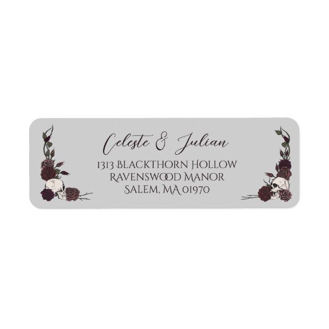 Dark Floral Skull Gray Wedding Return Address (Front)