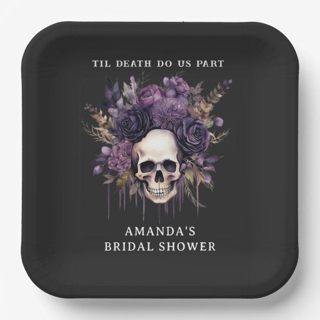 Dark Floral Skull Halloween Bridal Shower Paper Plate (Front)